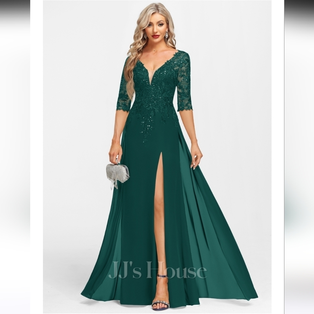 Sheath/Column V-Neck Floor-Length Lace Chiffon Evening Dress With Sequin…